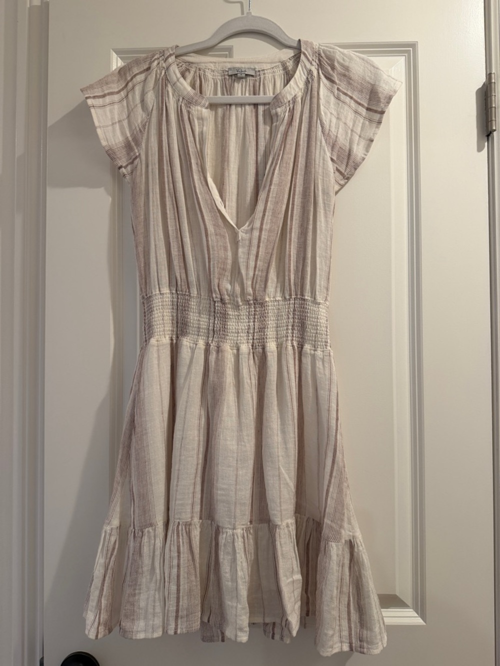 Rails Cream and Beige Striped Smocked-Waist Mini Dress